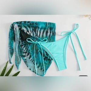 NEW 2 piece Bikini Set with Aqua Blue Bikini Bottom & Leopard Cover Up Skirt